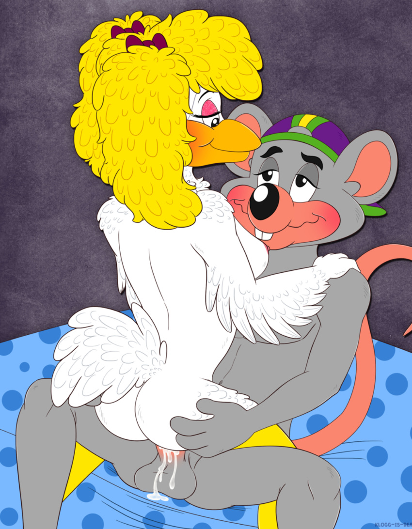 1boy 1boy1girl 1girls 2018 2d 2d_(artwork) ambiguous_penetration anthro anthro_only areolae avian backwards_baseball_cap bed bird bird_girl blush blushing breasts butt_grab canon_couple chicken chicken_girl chuck_e_cheese chuck_e_cheese_(franchise) cowgirl_position cum cum_inside digital_art digital_drawing_(artwork) digital_media_(artwork) ejaculation female female_on_top furry furry_female furry_only galliform gallus_(genus) hands_on_shoulders hat hat_only helen_henny klogg-is-dead leaking leaking_cum looking_at_another male mammal mouse murid muscular_male no_humans on_model phasianid riding_penis rodent romantic romantic_couple romantic_sex simple_background straight white_feathers woman_on_top yellow_hair