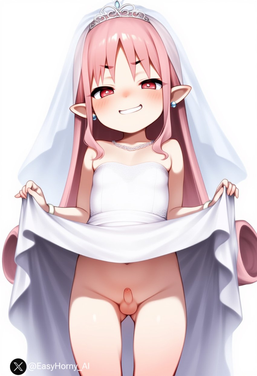 1girls ai_generated blush earrings easyhorny_ai fate/grand_order fate_(series) futa_only futanari habetrot_(fate) lifted_by_self looking_at_viewer micropenis necklace no_panties pink_eyes pink_hair small_penis smile smirk smug teeth tiny_penis watermark wedding_dress wedding_veil