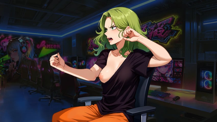 brat breasts breasts_out casual gamer_girl green_hair horny_capybara one_breast_out original original_character public public_nudity