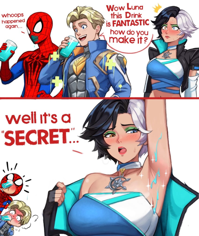 1girls armpit_fetish armpits big_breasts female female_focus guardians_of_the_galaxy luna_snow luna_snow_(marvel_rivals) marvel marvel_rivals neggoartz peter_quill spider-man spider-man_(marvel_rivals) starlord starlord_(marvel_rivals)