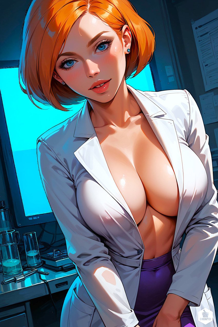 ai_generated ann_possible big_breasts erect_nipples_under_clothes kim_possible labcoat looking_at_viewer no_bra