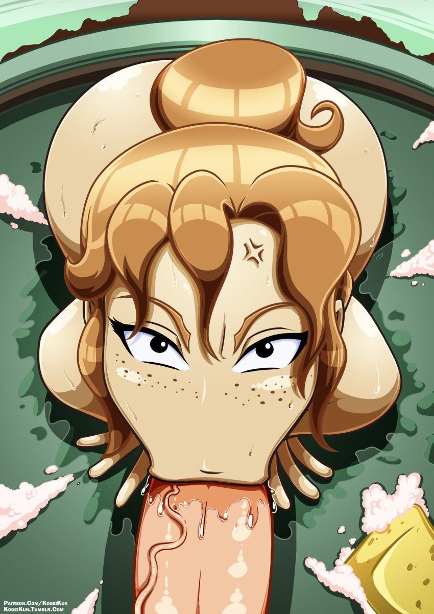 1boy 1girls :>= all_fours angry ass deponia fellatio freckles ginger hair_between_eyes hi_res kogeikun looking_at_viewer patreon_username penis ponytail pov saliva shower toni_(deponia) tumblr_username unseen_male_face