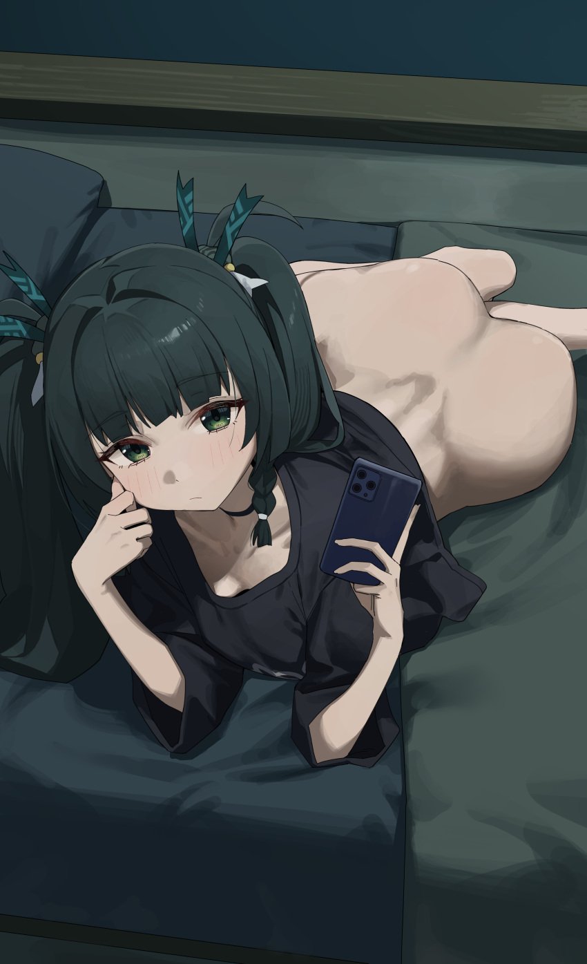 1girls ass blush bottom_heavy bottomless bottomless_female choker green_eyes green_hair looking_at_viewer no_panties phone qingyi_(zenless_zone_zero) robot robot_girl selfie shirt shortstack wide_hips zenless_zone_zero