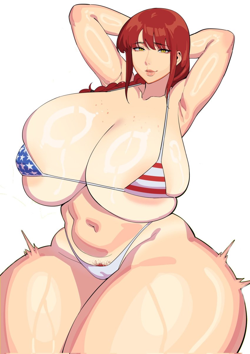 american_flag_bikini chainsaw_man cleavage female female_focus female_only hands_behind_head huge_breasts large_breasts makima_(chainsaw_man) pose posing red_hair solo solo_female solo_focus tied_hair wide_hips