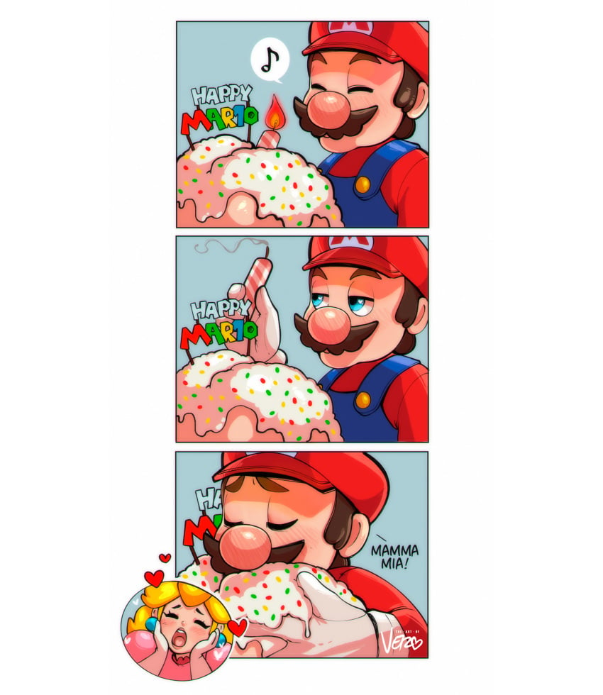 1boy 1girls 2d anilingus ass birthday blonde_hair blue_eyes brown_hair candle closed_eyes comic comic_panel comic_strip eating_ass frosting grabbing_ass hat heart mar10_day mario mario_(series) moustache nintendo overalls pleasure_face presenting_ass princess_peach rimming sprinkles vero