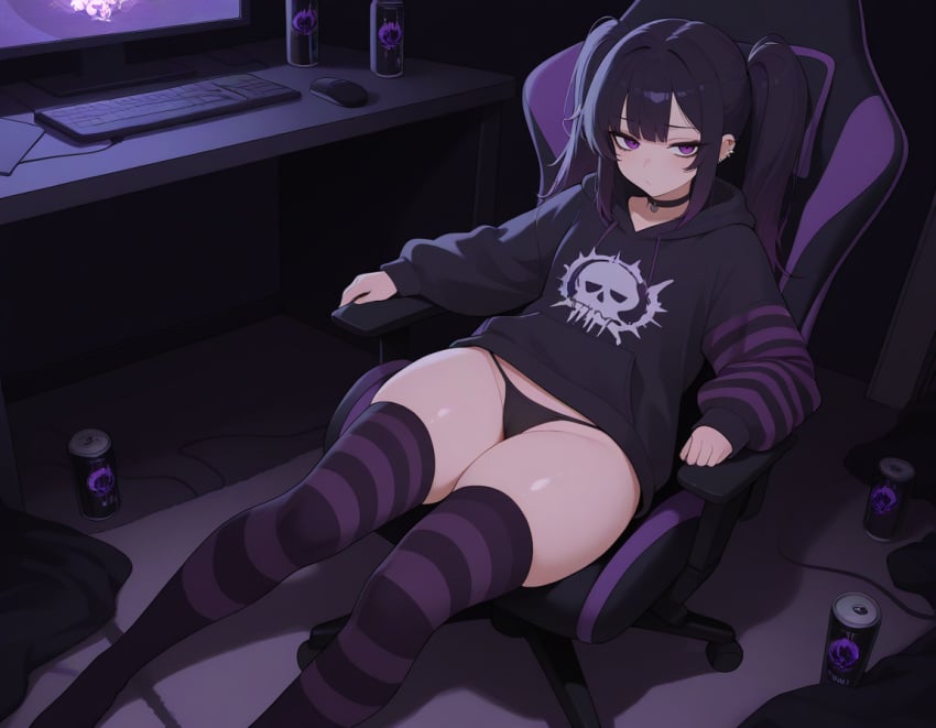 1girls ai_generated egirl gamer_girl hoodie light-skinned_female panties petite purple_eyes purple_hair solo_female striped_legwear thick_thighs