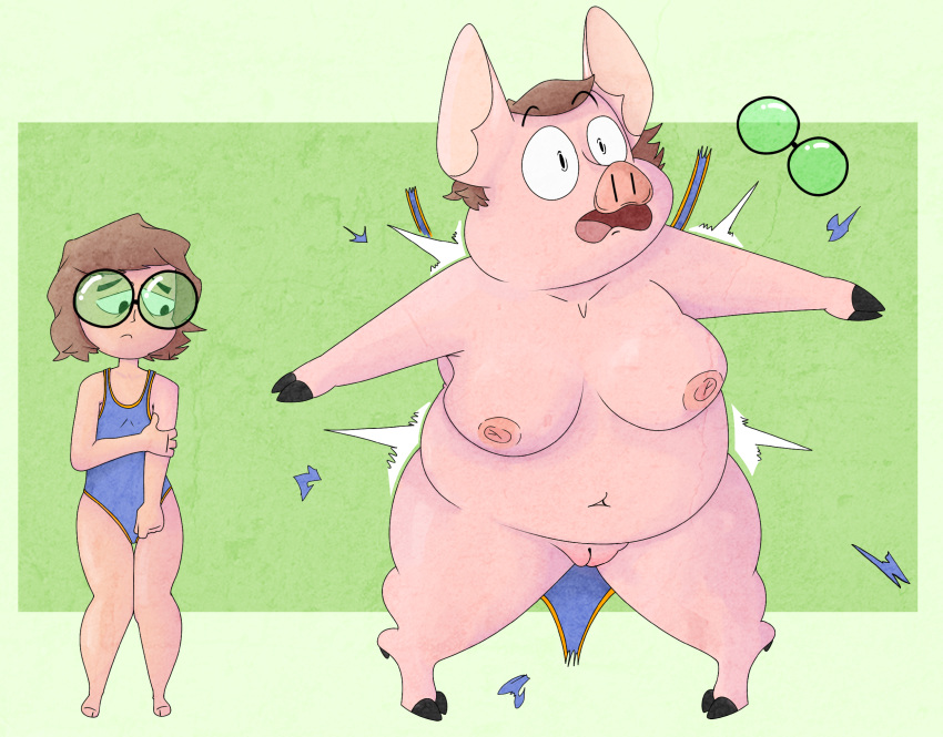 anthro blueguylie breasts clothing digital_media_(artwork) domestic_pig female genitals hi_res mammal nipples nude overweight pussy simple_background solo species_transformation sudden_transformation suid suine sus_(pig) torn_clothing transformation