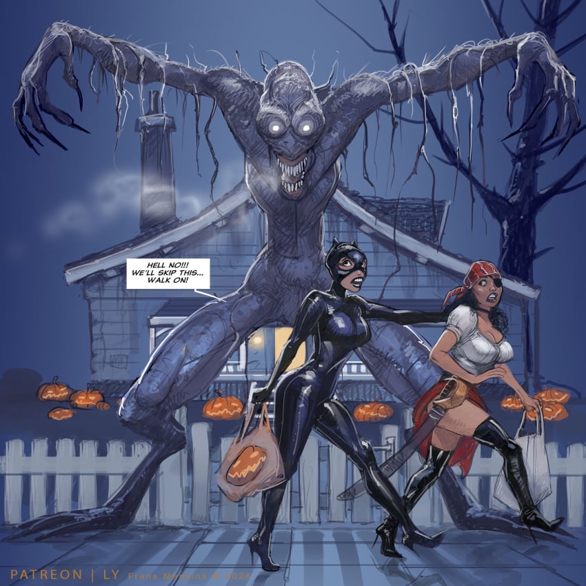 2girls catwoman_(cosplay) frans_mensink halloween humor monster no_sex pirate_costume tagme