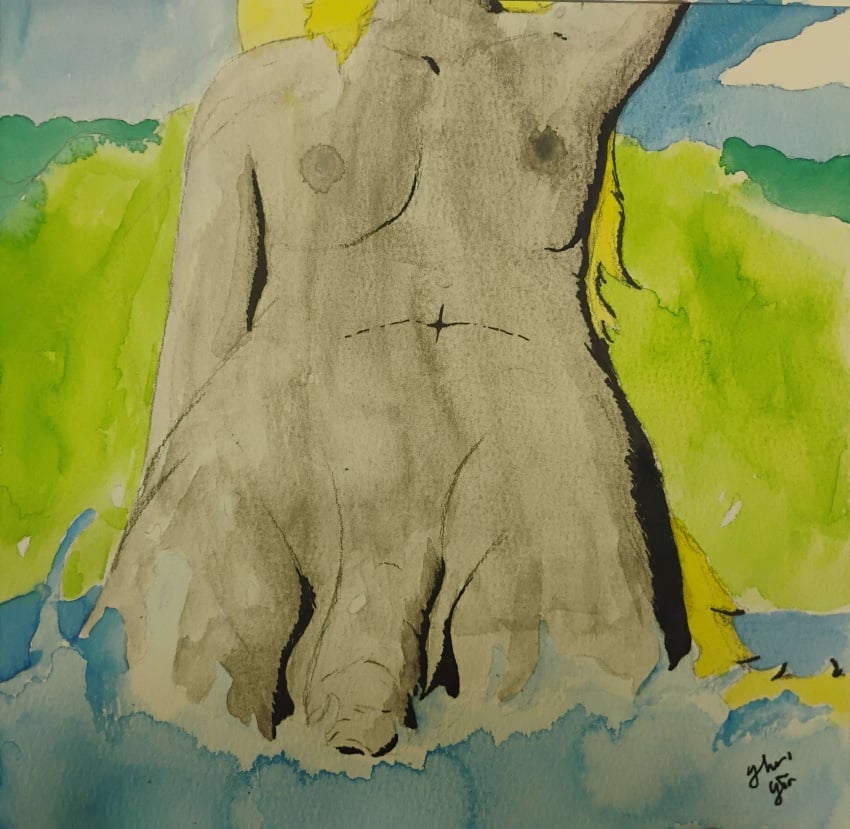 absurd_res anthro blonde_hair cloud flaccid foreskin fur genitals grey_body grey_fur hair hi_res male mountain nipples nude painting_(artwork) partially_submerged penis solo splash sun traditional_media_(artwork) unknown_species water watercolor_(artwork) yhr'ytr