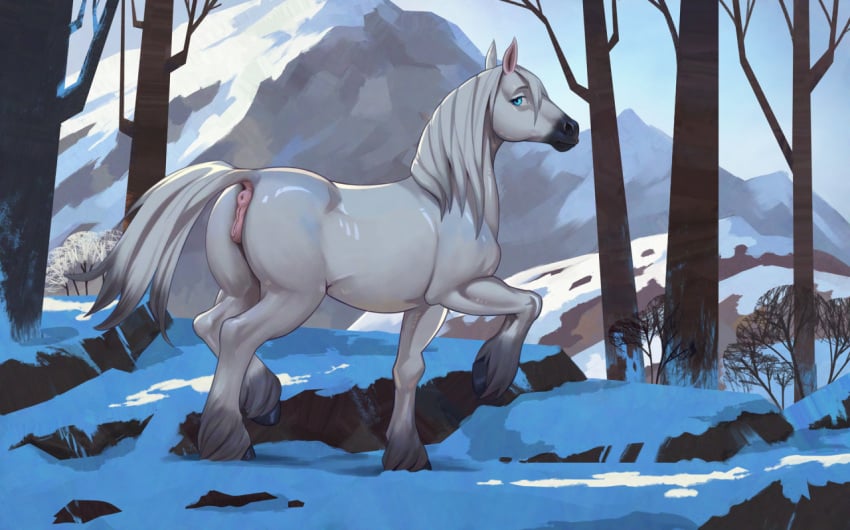 animal_genitalia blue_eyes horse jotun22 mare mare_pussy showing_off snow white_body white_fur