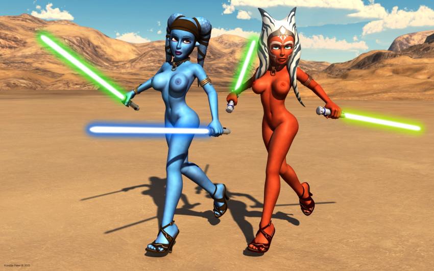 2015 2girls 3d aayla_secura ahsoka_tano alien alien_girl armband artist_name bald bare_shoulders big_breasts blue_eyes blue_lightsaber blue_skin bracelet breasts busty choker clone_wars curvy day detailed_background erect_nipple erect_nipples eyelashes female female_only front_view green_lightsaber headgear high_heels holding_object hourglass_figure humanoid jedi jedi_master jedi_padawan kondaspeter leg_lift leg_up lightsaber mammal marking multiple_females multiple_girls naked naked_footwear naked_heels nude orange_skin outdoor outside pose posing purple_lips sandals shadow shiny shiny_skin shoes star_wars star_wars_rebels tatooine togruta twi'lek voluptuous walking weapon wide_hips yellow_eyes