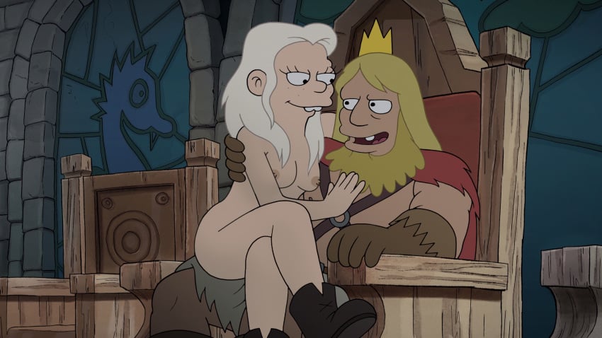 1boy 1girls beard blonde_hair boots breasts buckteeth calarts casual crown disenchantment edit female footwear freckles hand_on_another's_chest human legs_crossed light_skin long_hair male nipples nude nude_female princess princess_tiabeanie public_nudity sitting_on_lap small_breasts stained_glass throne throne_room viking white_hair