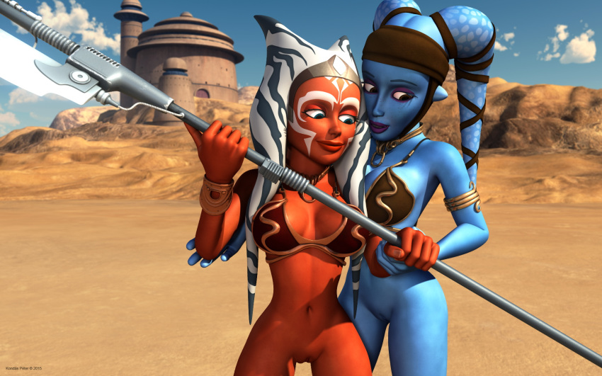 2015 2girls 3d aayla_secura ahsoka_tano alien alien_girl alternate_version_available armband artist_name bald bare_shoulders big_breasts blue_eyes blue_skin bottomless bracer busty choker cleavage clone_wars curvy day detailed_background erect_nipple erect_nipples eyelashes female female_only front_view grab grabbing half-dressed half_dressed hand_on_hip hands_on_hip hands_on_hips headgear holding_object hourglass_figure humanoid jabba's_palace jedi jedi_master kondaspeter looking_down mammal marking multiple_females multiple_girls no_panties orange_skin outdoor outside pose posing purple_lips shadow shaved_pussy shiny shiny_skin spread_legs spreading standing star_wars star_wars_rebels tatooine togruta twi'lek vibro_axe voluptuous weapon wide_hips