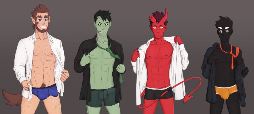 4boys black_hair black_underwear blue_eyes blue_underwear boner brian_yu brown_hair bulge color damien_lavey erection flaccid gay green_skin green_underwear group horns male male_only monster_prom open_clothes orange_underwear oz_(monster_prom) partially_clothed penis red_skin scott_howl short_hair standing tie torso underwear undressing yaoi