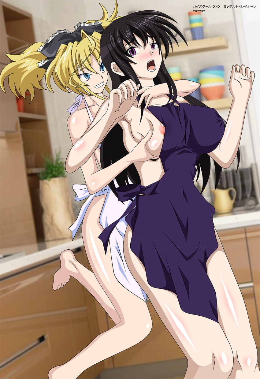 2girls apron black_hair breast_grab breasts cleavage feet female_only from_behind high_school_dxd large_breasts long_hair mittelt multiple_girls naked_apron nipple_slip raynare surprised text watermark yxyyxy