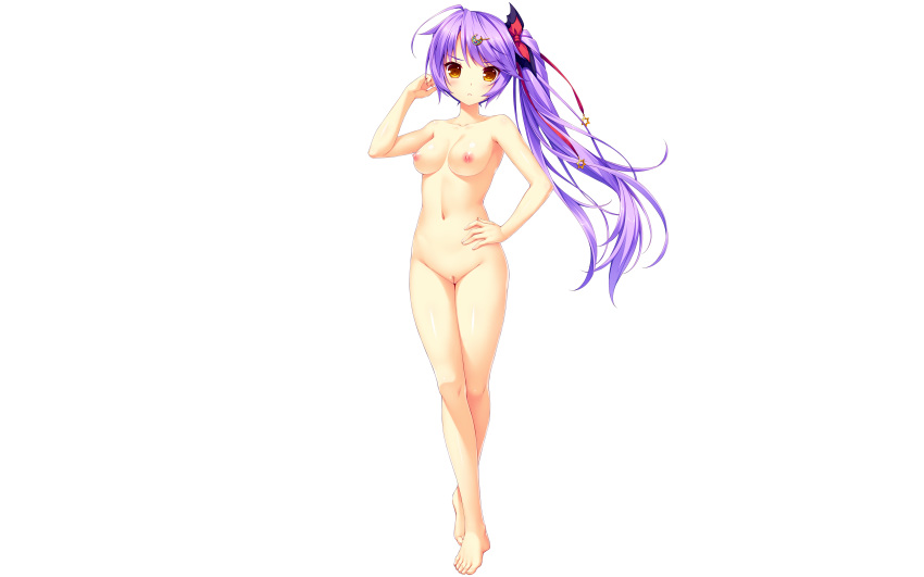 aoi_miyabi blush boku_to_koi_suru_ponkotsu_akuma. breasts long_hair navel nipples nude photoshop ponytail purple_hair pussy sayori simple_background smile_(company) uncensored white_background yellow_eyes