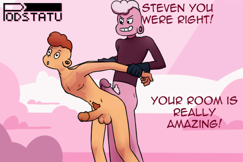 2boys bottomless brown_hair cartoon_network clone clothed_on_nude cmnm erection gay gloves hands_behind_back heart-shaped_pupils imminent_anal imminent_penetration lars_barriga leaning_forward mouth_open naughty_face off_colors_(steven_universe) penis_on_ass pierced_ears podstatu selfcest steven_universe white_hair wrists_restrained yaoi