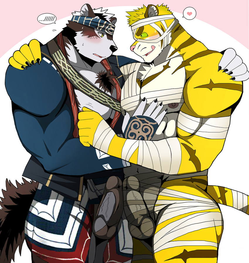 2018 5_fingers anthro balls bearlovestiger13 black_nose blush bulge canine claws duo feline fur heart horkeukamui male male_only mammal muscular muscular_male pecs penis pink_nose striped_fur stripes tiger tokyo_afterschool_summoners tongue tongue_out wolf yaoi