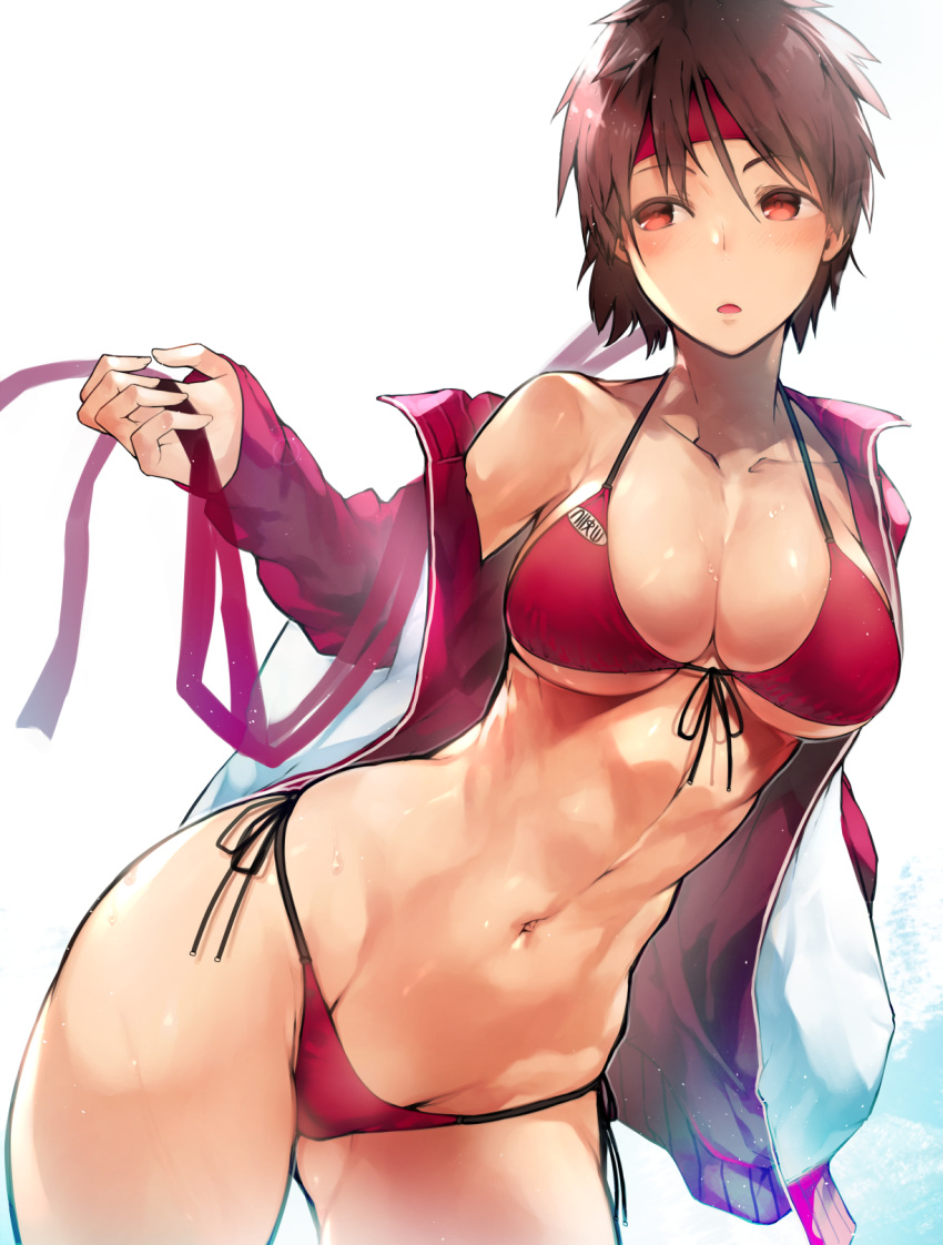 bangs bikini breasts brown_hair capcom collarbone commentary cowboy_shot eyebrows_visible_through_hair eyes hair_between_eyes hairband highres jacket large_breasts navel nishiide_kengorou open_clothes open_jacket open_mouth red red_bikini red_hairband sakura_kasugano short_hair street_fighter swimsuit white_background white_jacket