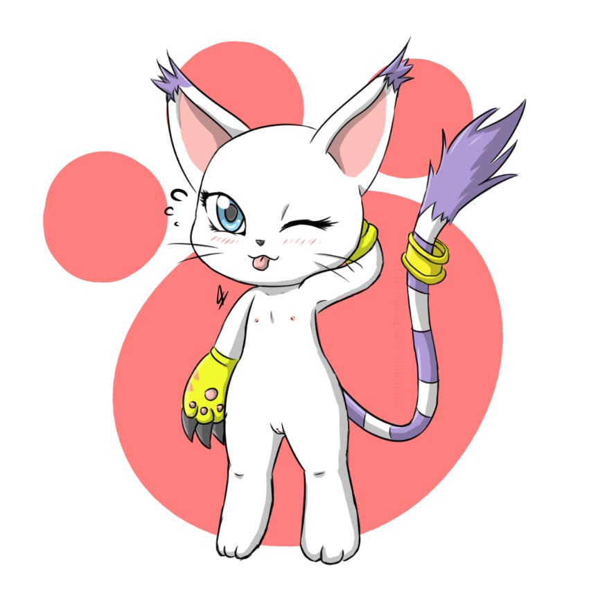 big_ears black_nose blue_eyes blush claws clothing digimon feline female flat_chested fur gatomon gloves hand_behind_head long_tail mammal nipples one_eye_closed pawpads paws pussy redbright_(artist) shortstack solo tail_ring tongue tongue_out whiskers white_fur wink