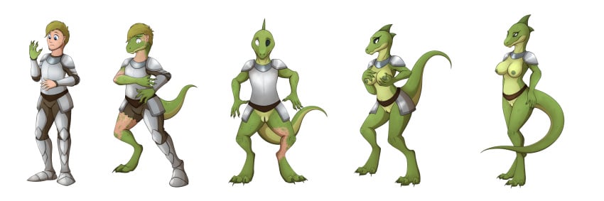 2018 anthro armor beard black_sclera bottomless breasts claws clothed clothing facial_hair female gender_transformation hand_on_breast human human_to_anthro lizard male mammal mtf_transformation nipples pussy reptile scalie sequence simple_background smile solo standing surprise tail tomek1000 torn_clothing transformation white_background