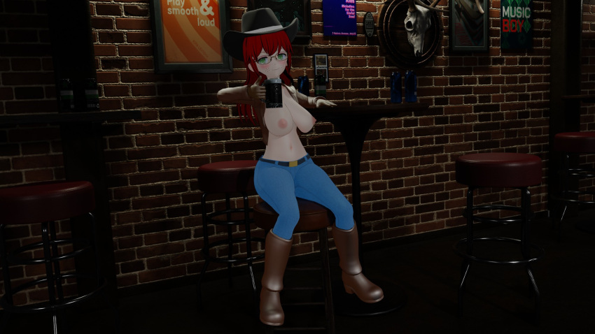 1girls 3d bar beer beer_mug belly_button big_breasts blender blush boots breasts cowboy_hat cowgirl cowgirl_outfit female freckles glasses gloves green_eyes hanging_breasts jeans koikatsu leather_boots leather_gloves leather_jacket long_hair mintyboi navel no_bra no_sex red_hair samantha_hubbard_(mintyboi) seductive seductive_smile smile stool tits_out topless
