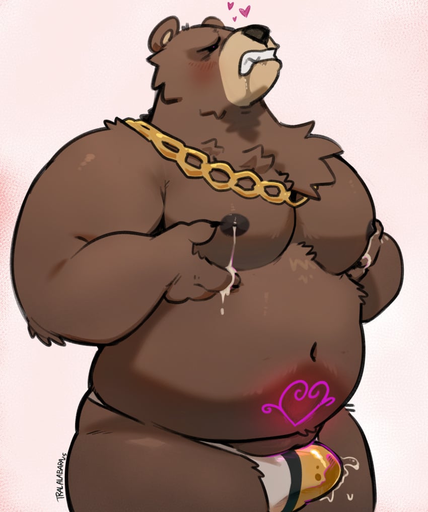 anthro barazoku bear belly ben_bigger black_sclera blush bodily_fluids bulge clenched_teeth clothing drooling fupa genital_fluids glowing glowing_tattoo haps heart_symbol hi_res lactating magic magical_tattoo male male_lactation male_only mammal mihoyo moob_grab moobs nipples overweight overweight_male overweight_sub precum precum_through_clothing precum_through_underwear pubic_tattoo saliva solo submissive submissive_male tattoo teeth tenting underwear wet wet_clothing zenless_zone_zero