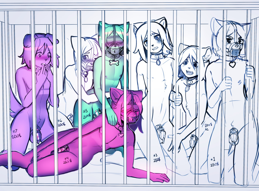 advertisement anthro areola arh axle blindfold blue_hair blush bondage cage canine chastity chastity_cage collar dripping elbrar feline fox gag girly hair heart jero_(character) kit_kalori_(character) kneeling lock male malesub mammal multiple_subs nipples nude precum slave tears unfinished