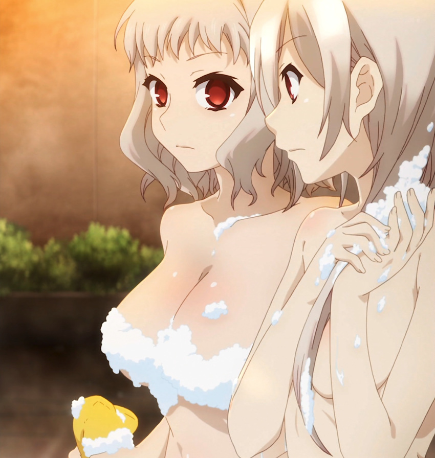 2girls bath bathtub breasts covering covering_nipples fate/kaleid_liner_prisma_illya fate_(series) foam large_breasts leysritt leysritt_(fate) long_hair medium_breasts multiple_girls nude red_eyes sella sella_(fate) short_hair silver_hair voluptuous