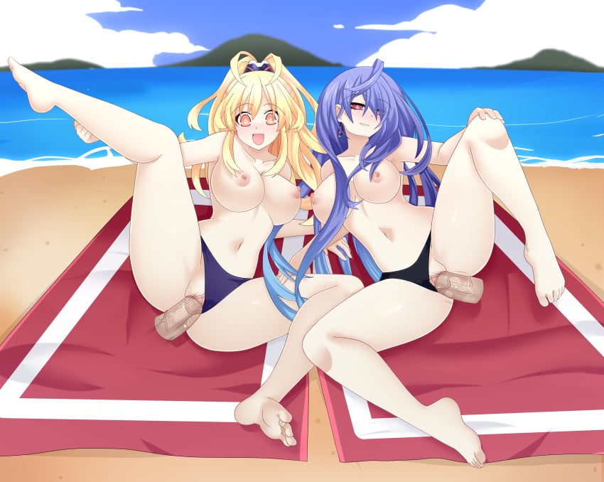 2girls bangs beach big_breasts blonde_hair breasts clitoris cute_fang floating_penis iris_heart light-skinned_female neptunia_(series) nipples ocean oerba_yun_fang open_mouth peashy penis plutia purple_hair pussy pussy_juice santystuff sex spread_legs swimsuit swimsuit_aside tagme yellow_hair yellow_heart_(neptunia)