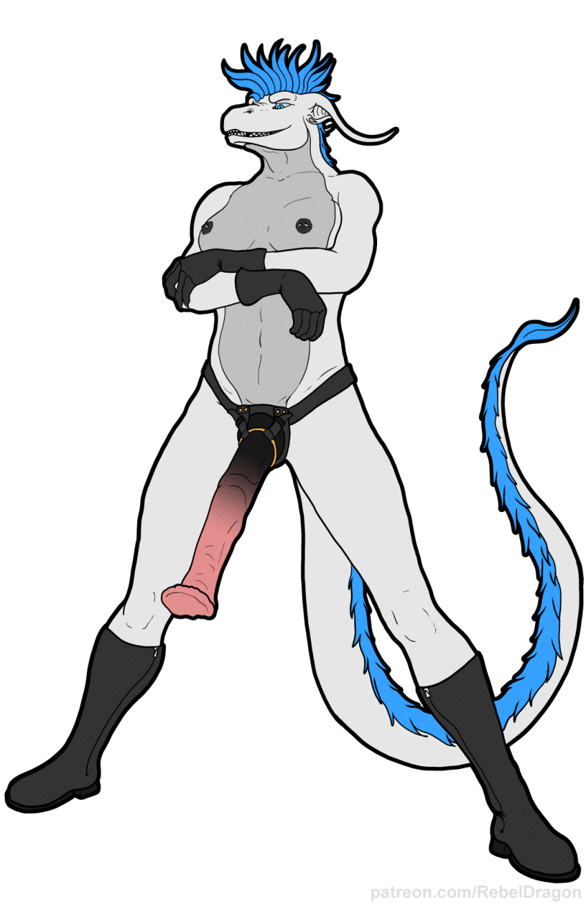 animal_dildo animal_genitalia animal_penis animal_sex_toy anthro areola athletic athletic_female belly boots boots_only breasts christa_(rebeldragon101) clothing crossed_arms dildo dragon ear_piercing equine_dildo equine_genitalia equine_penis evil_face evil_grin evil_look fangs fangs_bared female flared_penis footwear footwear_only genitals gloves gloves_only grin grinning_at_viewer hair handwear handwear_only hi_res knee_boots knee_highs leather leather_clothing leather_gloves leather_handwear leather_strap legwear long_ears long_tail looking_down mane mane_hair medium_breasts mostly_nude mythological_creature mythological_scalie mythology navel nipple_piercing nipples nude nude_anthro nude_female only_male penis piercing pupils rebeldragon101 scalie sex_toy shoes slit_pupils smile solo spread_legs spreading strapon straps tail tail_tuft teeth tuft