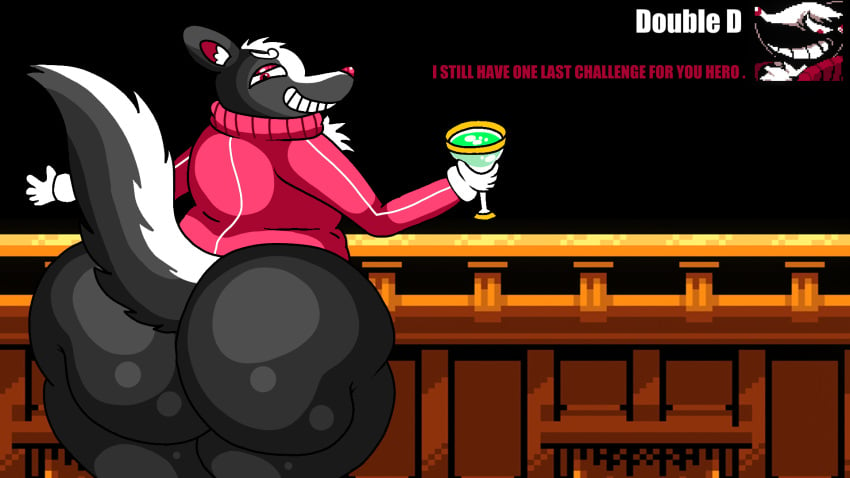 alcohol alcoholic_drink ambiguous_fluids ass balcony black_background butt_crack clothed clothes dahliathefox double_d_(everhood_2) enormous_ass enormous_butt everhood_2 fat_ass fat_butt furry furry_male furry_only glass glass_cup huge_ass huge_butt hyper_ass hyper_butt looking_at_viewer mammal mammal_humanoid mephitid simple_background skunk smile smiling smiling_at_viewer speech_bubble talking_to_viewer text video_game_character