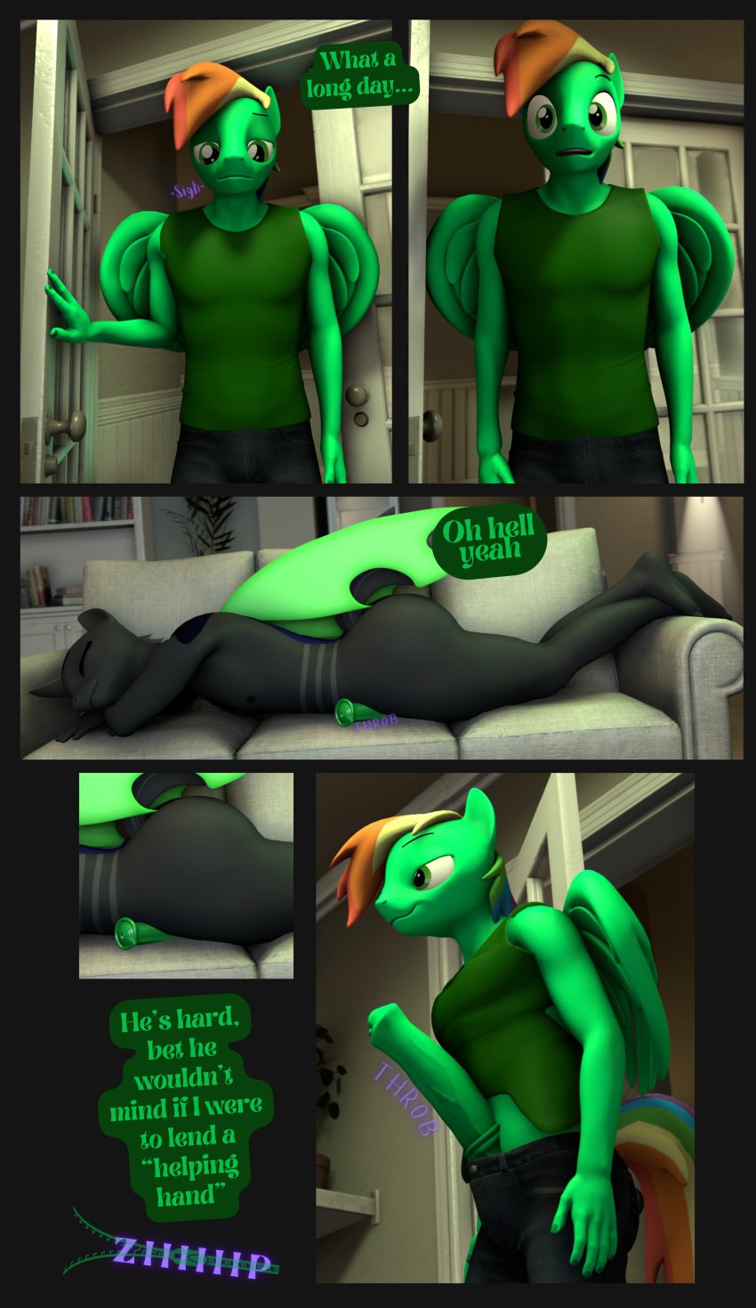 absurd_res animal_genitalia animal_penis anthro arthropod ass big_butt big_penis changeling clothing comic duo equid equine equine_genitalia equine_penis erection fan_character friendship_is_magic genitals green_body green_clothing green_eyes green_hair green_penis green_shirt green_skin green_topwear green_wings hair hasbro hi_res horse male male/male mammal multicolored_hair multicolored_tail my_little_pony mythological_creature mythological_equine mythology nicksfm nipples pegasus penis pony rainbow_hair rainbow_tail shirt sleeping sleeping_nude tail text thick_thighs topwear wings