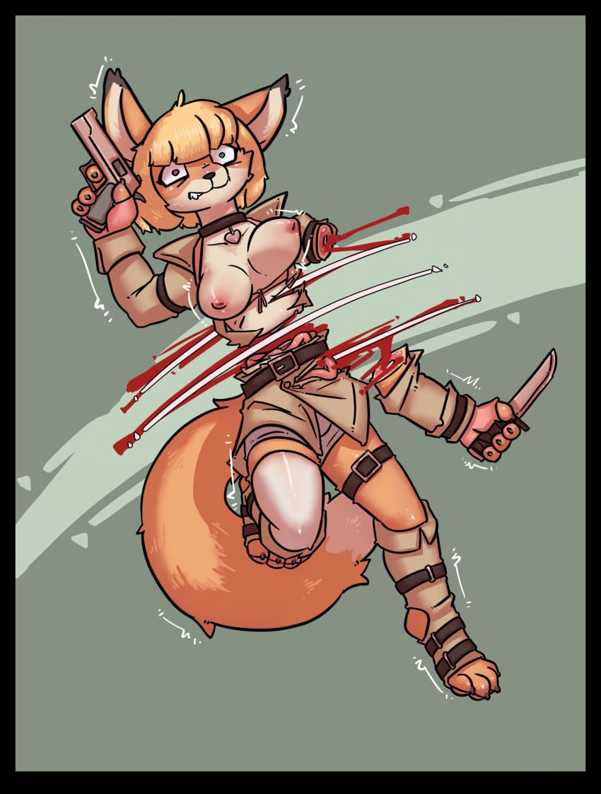 4_fingers 4_toes akai_hime_(wild_assault) anthro bare_breasts bisected black_border blonde_hair blood bodily_fluids border breasts canid canine choker clothing combat_cat_studio crowskull cute_fangs dipstick_tail dying fangs fatal fatal_wound feet female fingers fluffy fluffy_tail footwear fox gore gun guts hair handgun heart_symbol heterochromia hi_res intestines jewelry knife mammal markings medium_breasts motion_lines necklace organs pistol ranged_weapon severed_arm severed_body_part severed_limb shaking short_hair snout solo tail tail_markings teeth toeless_footwear toes wardrobe_malfunction weapon wild_assault