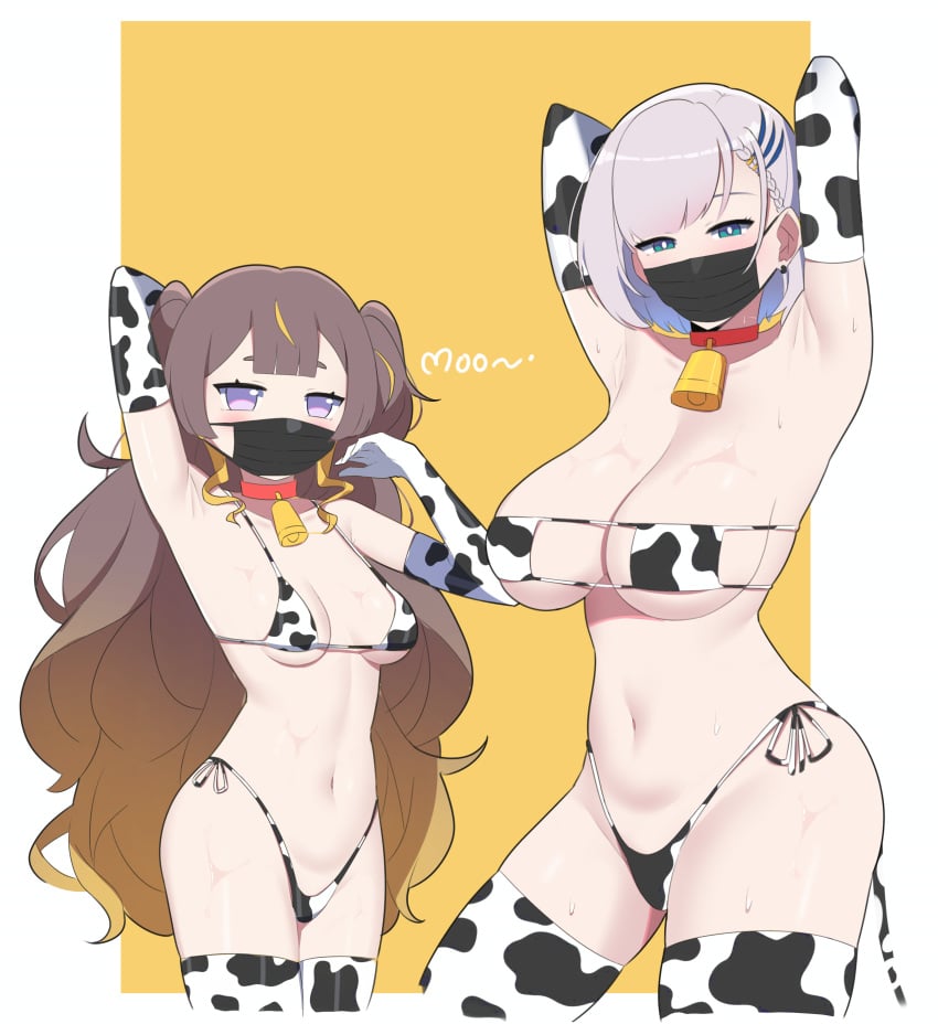 2girls anya_melfissa arms_behind_head bikini bitch cow_print cow_print_bikini elbow_gloves eyepatch_bikini facemask female hololive hololive_indonesia hololive_indonesia_holoro large_breasts light-skinned_female light_skin long_hair mask multiple_boys pavolia_reine prostitute prostitution short_hair side-tie_bikini sluts small_breasts virtual_youtuber