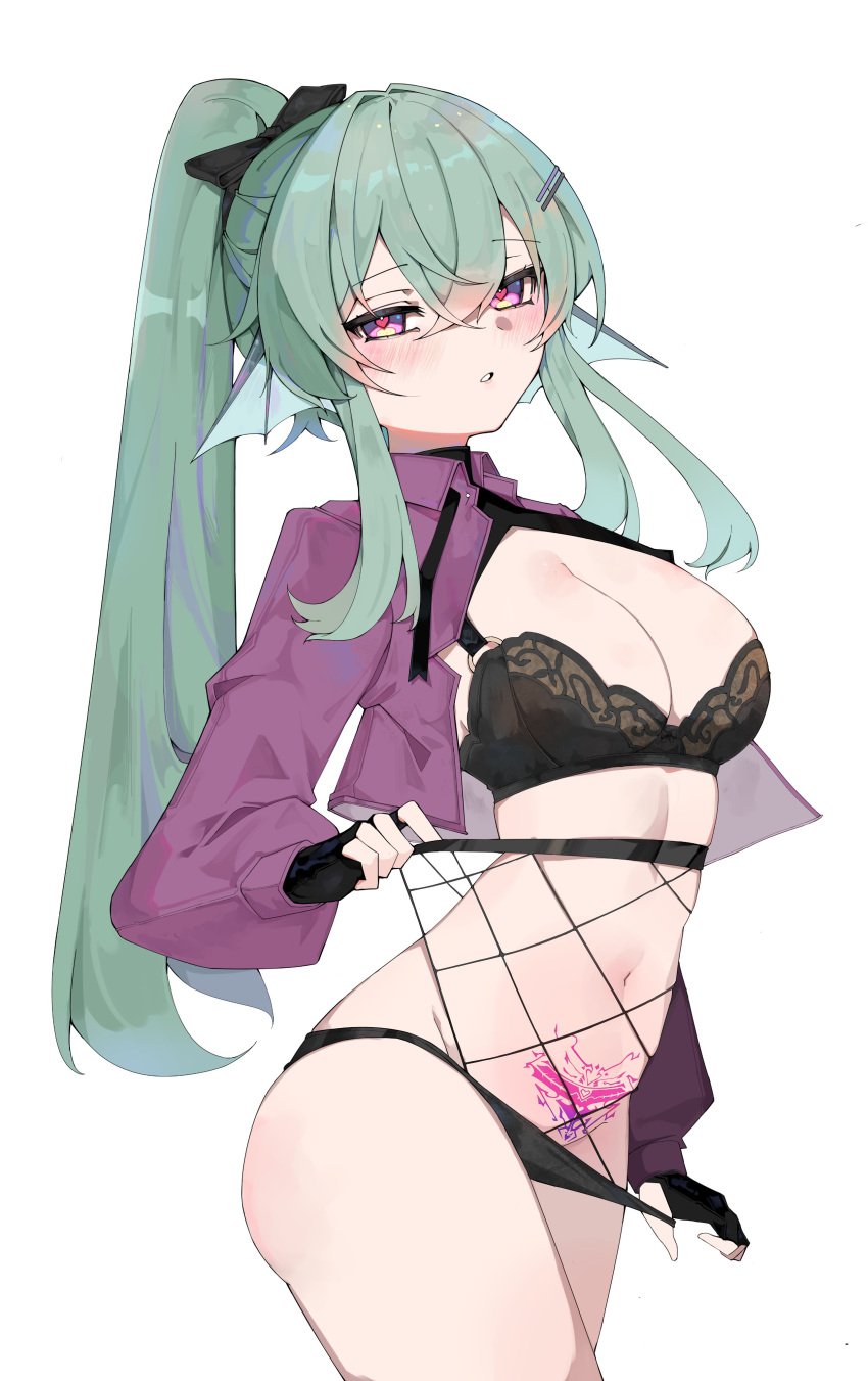 absurdres aqua_hair ass black_bra black_panties blush bra breasts cleavage commission female finana_ryugu finana_ryugu_(3rd_costume) fingerless_gloves fishnets gloves hair_between_eyes heart heart-shaped_pupils high_ponytail highres jacket large_breasts lingerie long_hair looking_at_viewer mewraii navel nijisanji nijisanji_en panties parted_lips ponytail pubic_tattoo purple_eyes purple_jacket second-party_source simple_background solo succubus_tattoo symbol-shaped_pupils tattoo underwear virtual_youtuber white_background