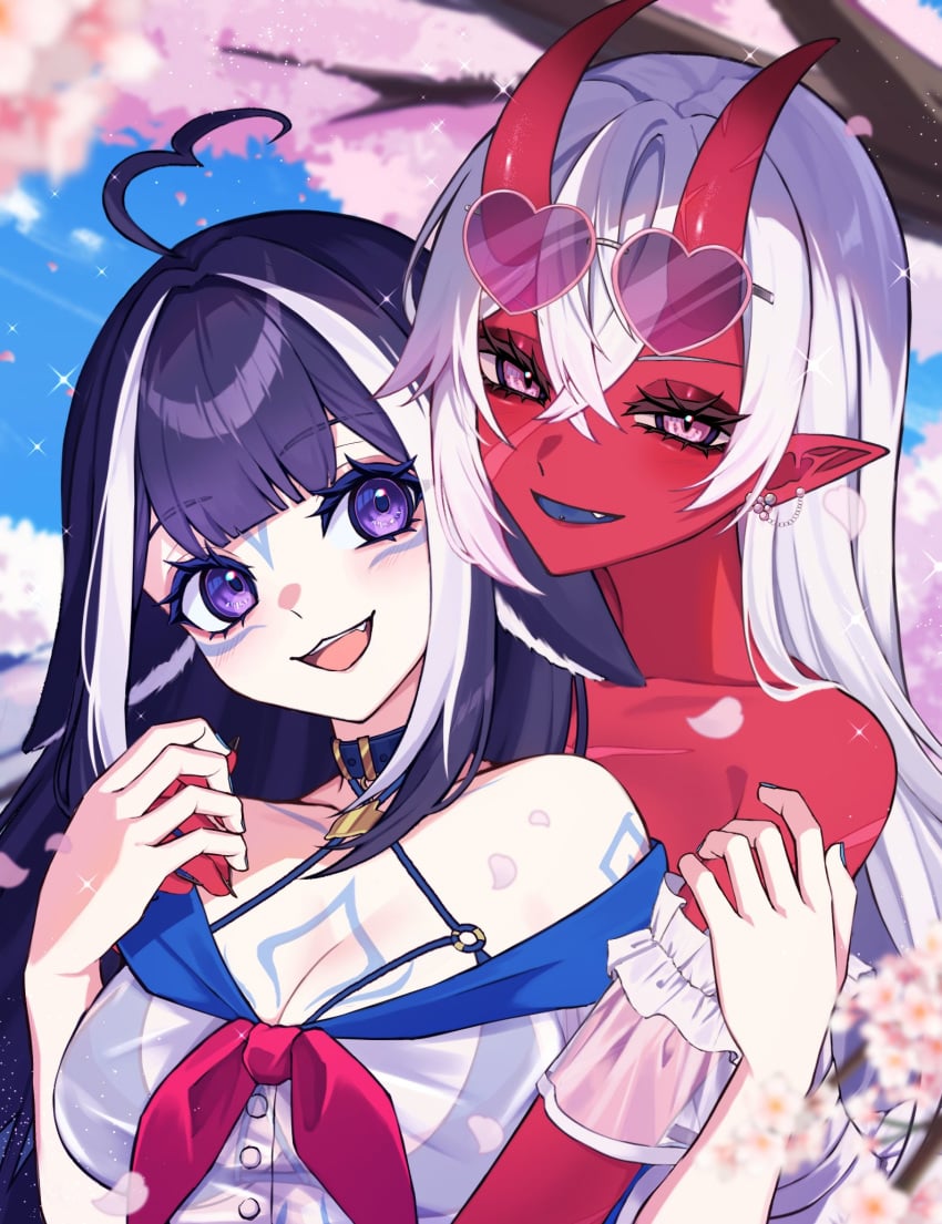 2girls :d ahoge akumi bangs bare_shoulders bikini black_hair blue_sky blurry blurry_background blurry_foreground blush breasts cherry_blossoms choker cleavage collarbone day depth_of_field earrings eyebrows_visible_through_hair eyewear_on_head fangs hair_between_eyes heart hoop_earrings horns hug jewelry large_breasts long_hair looking_at_viewer multicolored_hair multiple_girls open_mouth outdoors petals piercing pointy_ears purple_eyes purple_hair red_bikini red_skin shirt short_hair shylily sky smile sparkle sunglasses swimsuit tree vyugen white_hair white_shirt