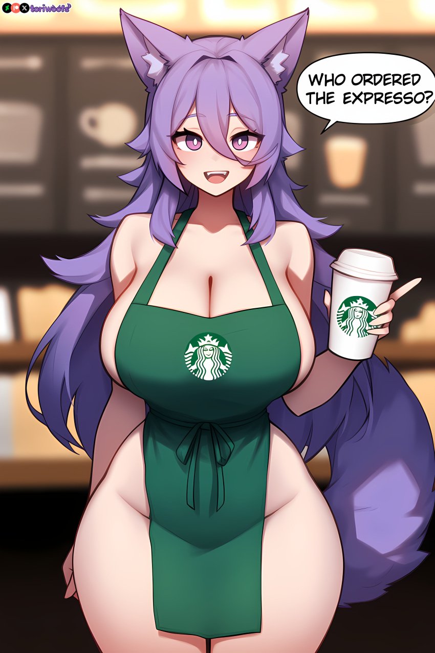 1girls ai_generated apron big_breasts big_breasts breasts breasts breasts breasts curvy cute dog_ears dog_girl doggirl female female female_focus female_only highres hips huge_boobs huge_breasts kemonomimi light_skin light_skinned_female long_hair naked_apron patreon_username petgirl petite purple_ears purple_eyes purple_hair purple_tail self_upload starbucks thick_thighs thighs tori toriwoofs watermark wavy_hair white_skin white_skinned_female wide_hips wolf_ears