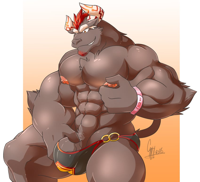 abs bovine bulge clothing daikitei facial_hair goatee gyumao hair horn male male_only mammal masturbation nipple_pinch nipples pecs penis penis_base pinch red_hair speedo swimsuit tokyo_afterschool_summoners