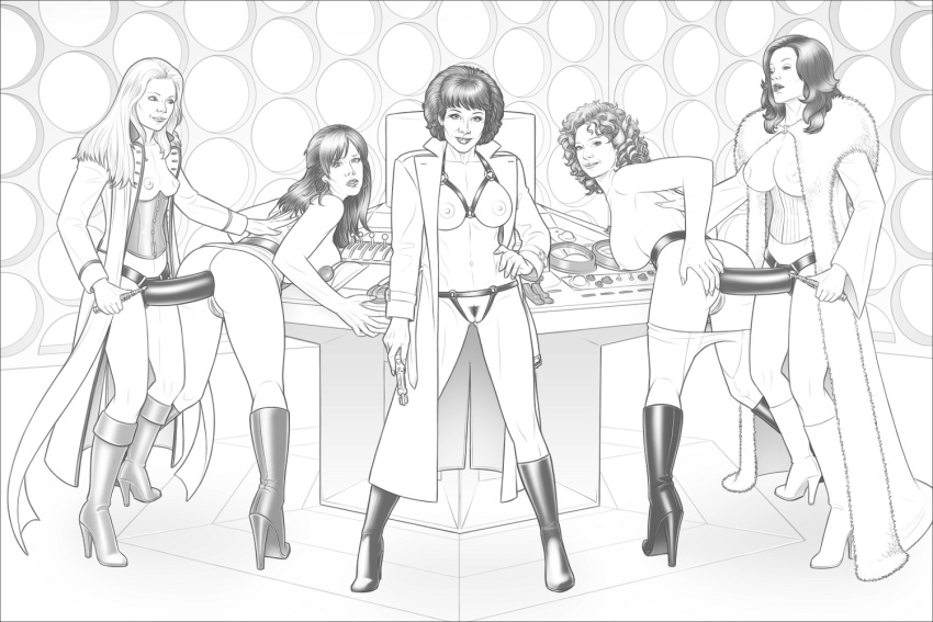 5girls anal anal_insertion anal_sex ass bent_over boots coat dildo doctor_who domination dominatrix donna_noble female female_only femdom from_behind from_behind_position fur_trim gallifreyan gangbang greyscale group group_sex heels high-heeled_jill humanoid long_coat monochrome orgy pubic_hair pussy river_song romana_(doctor_who) sex sonic_screwdriver strap-on strapon susan_foreman tardis time_lord trenchcoat yuri