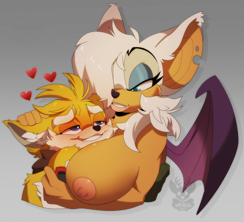 1boy 1girls anthro bat bat_wings big_breasts bigdad black_nose blue_eyes blush breasts canine duo erect_nipples erection eyeshadow female fox fur hair heart hug huge_breasts interspecies large_areolae large_breasts lipstick makeup male mammal membranous_wings nipples purple_eyes rouge_the_bat sega smile sonic_(series) straight tails tails_the_fox tan tan_fur two_tone_fur video_games white_fur white_hair wings xnirox yellow_fur yellow_hair