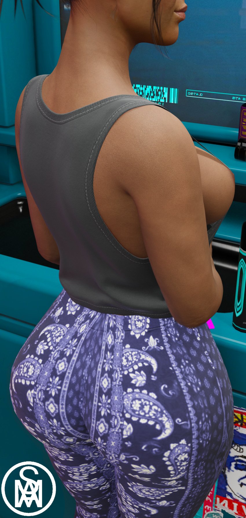 1girls ass clothing cyberpunk_2077 dark-skinned_female dark_skin female flare_pants middlemansfm nipples panam_palmer sideboob solo solo_female solo_focus tagme tank_top