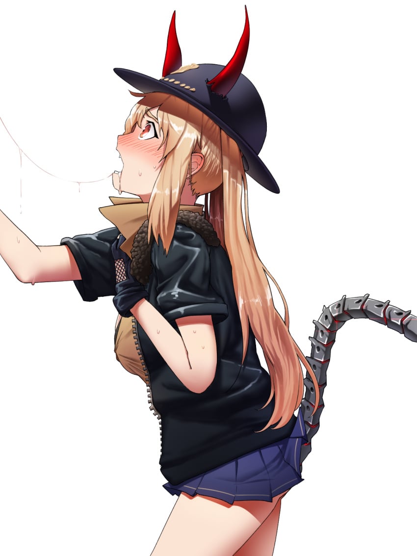 arm_up bangs black_jacket blue_skirt blush bomber_jacket breasts cum cum_string demon_horns fangs female fingerless_gloves from_side fur_trim girls'_frontline gloves hair_between_eyes hat highres horns jacket long_hair looking_up m870_(girls_frontline) mechanical_tail miniskirt open_clothes open_jacket open_mouth orange_eyes orange_shirt out_of_frame pleated_skirt sd_bigpie shirt sidelocks simple_background skirt solo sweat tail thighs twintails white_background zipper