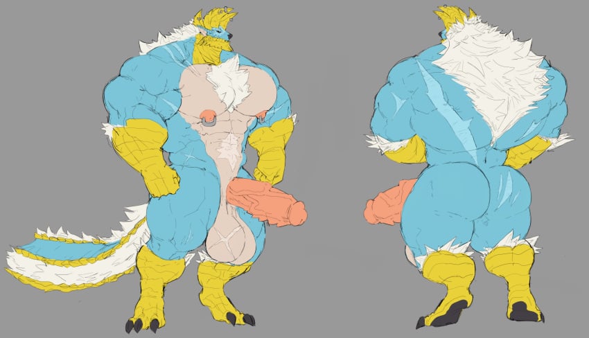 anthro back_view balls bara big_balls big_penis blue_body boner chest_hair erection front_view male male_only monster monster_hunter muscles muscular penis scars scars_all_over solo solo_male tora_gy white_hair wyvern yellow_body zinogre