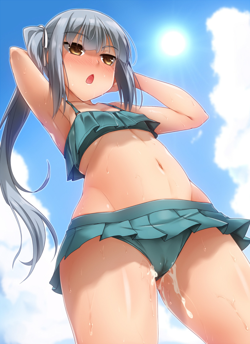 after_sex armpits arms_up bangs bikini blue_sky blush breasts cameltoe cloud commentary_request cum cumdrip day eyebrows_visible_through_hair female frilled_bikini frills from_below green_bikini hair_ribbon highres kantai_collection kasumi_(kantai_collection) long_hair navel open_mouth outdoors ribbon silver_hair sky small_breasts solo standing sun sweat swimsuit white_ribbon yellow_eyes yoshi_tama