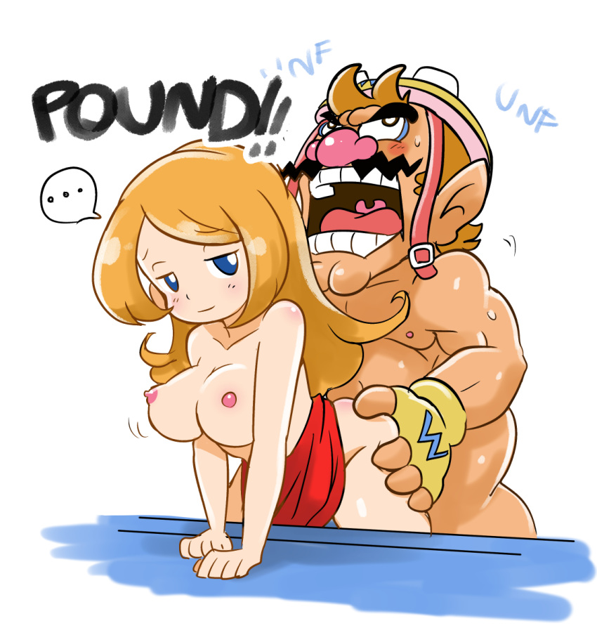 ... 1boy ahe_gao arm_support ass ass_grab blue_eyes blush breasts brown_hair commentary doggy_style english_text facial_hair female fingerless_gloves gloves helmet highres large_breasts long_hair mario_(series) mona_(warioware) moustache nipples nude open_mouth orange_hair robojanai sex smile spoken_ellipsis straight sweat tongue topless wario warioware