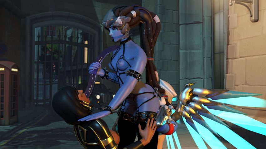 3d 3girls alternate_costume beret black_hair blizzard_entertainment blonde blonde_hair blue_skin breasts combat_medic_ziegler dark-skinned_female dark_skin dildo female female_only hand_on_shoulder king's_row_(map) kneeling long_hair mechanical_wings mercy nipples noire_widowmaker oral_insertion outdoors overwatch pharah standing tagme thighhighs widowmaker wings yuri