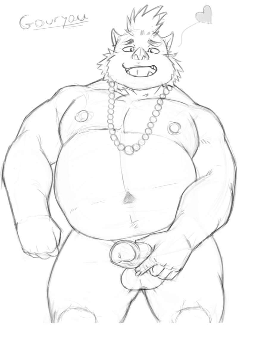 2018 anthro balls belly boar english_text gouryou heart male male_only mammal mohawk monochrome moobs navel nipples overweight overweight_male penis porcine seyrmo solo tallywhacker text tokyo_afterschool_summoners tusks