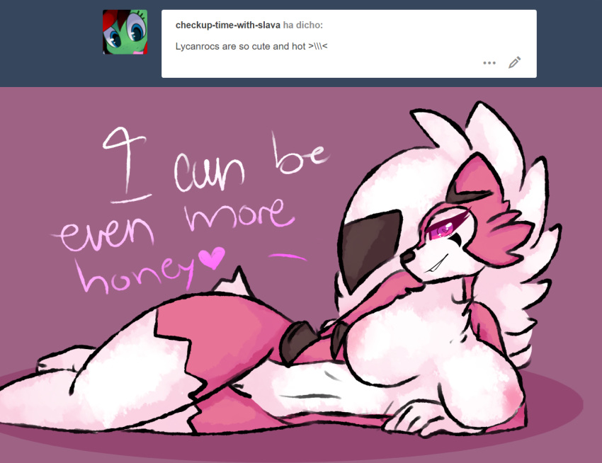 1girls ask_blog ass big_breasts breasts female female_only furry half-closed_eyes heart looking_at_viewer lycanroc midnight_lycanroc nic-m-lyc nicole_(nic-m-lyc) nintendo nipples pink_eyes pokémon_(species) pokemon pokemon_sm pussy text thick_thighs video_games wide_hips