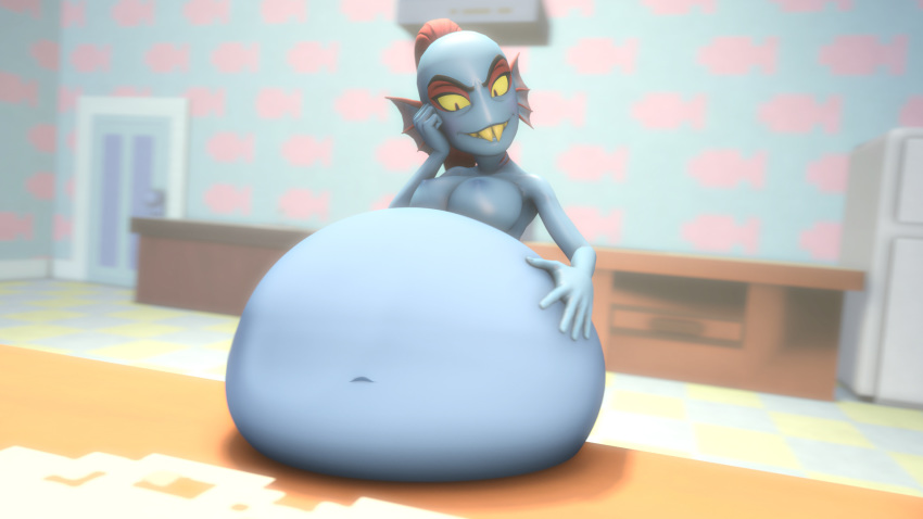 1girls 3d anthro areola belly big_belly big_breasts blue_skin breasts female female_only fish fucktrap huge_belly nipples nude_female nudity pestilad red_hair shark undertale undyne vore